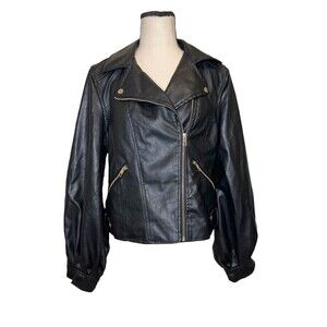 Black Balloon Sleeve Moto Bomber Jacket Large Faux Leather Women Miss Selfie‎